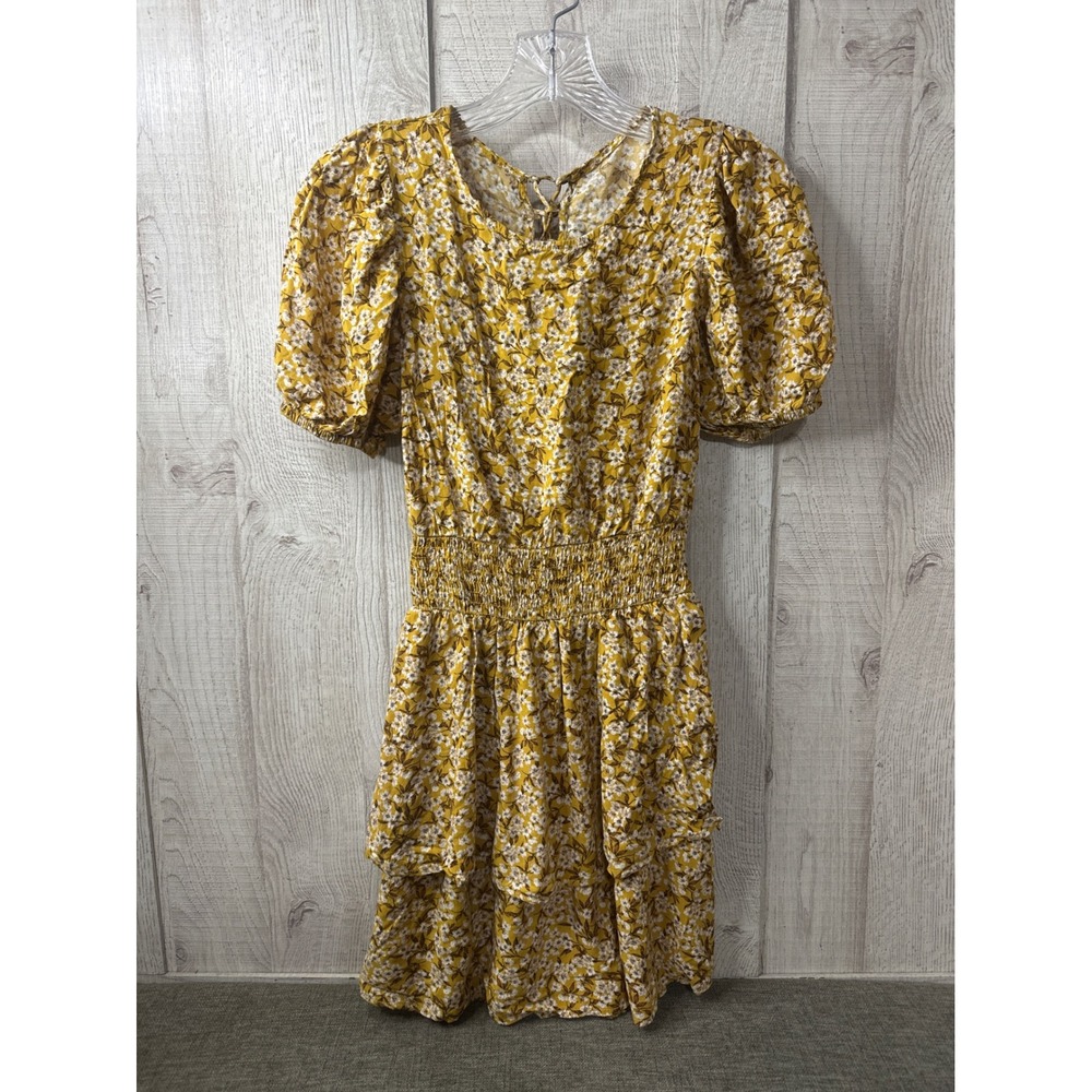Wild Fable Yellow Floral Puff Sleeve Lace Up Open Back Tiered Mini Dress Size XS